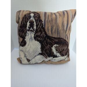 Vintage English Springer Spaniel Needlepoint Dog Pillow Liver White Hand